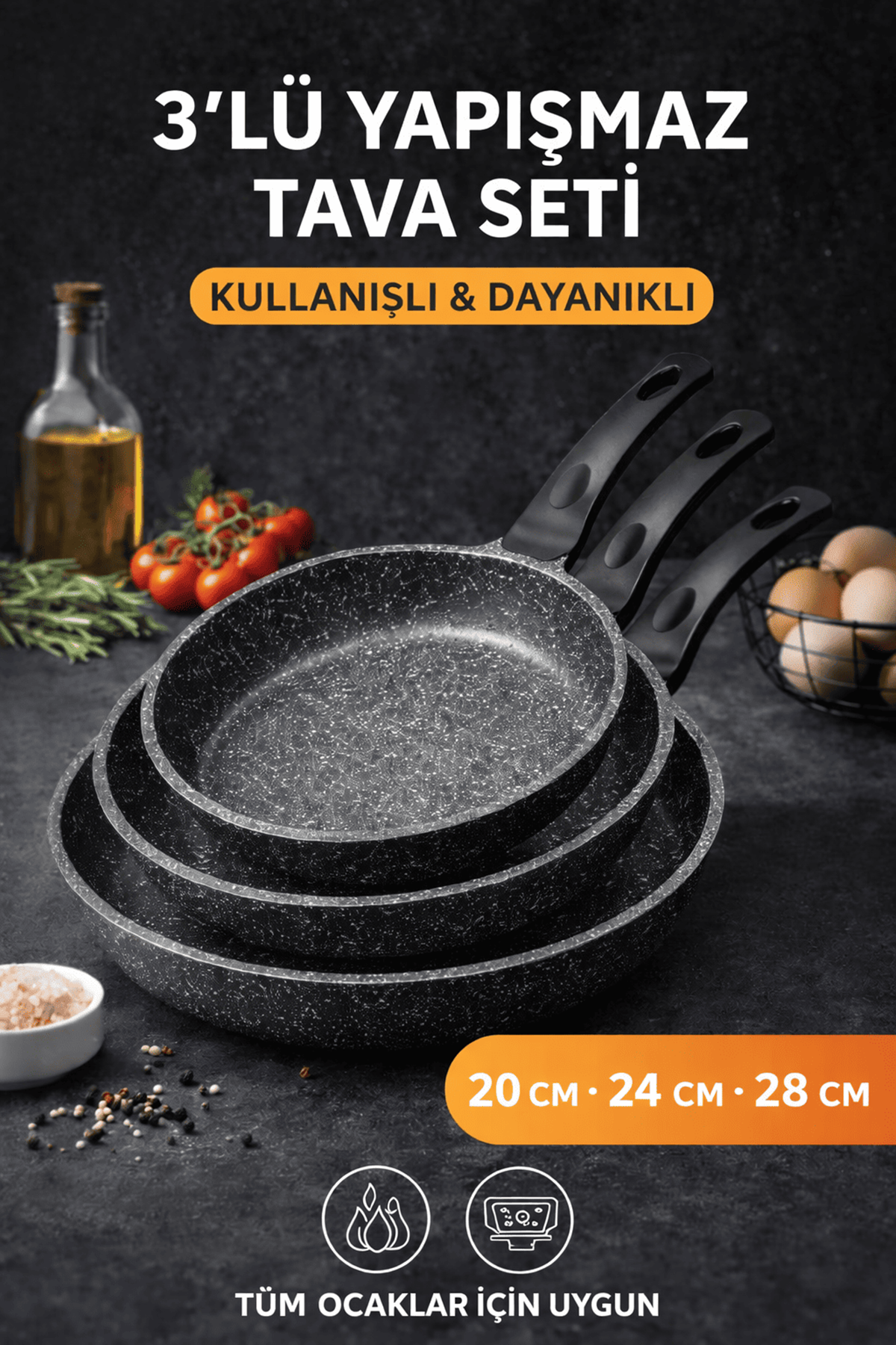 Riva Elite Serisi 3’lü Döküm Tava Seti – 20/24/28 cm Siyah