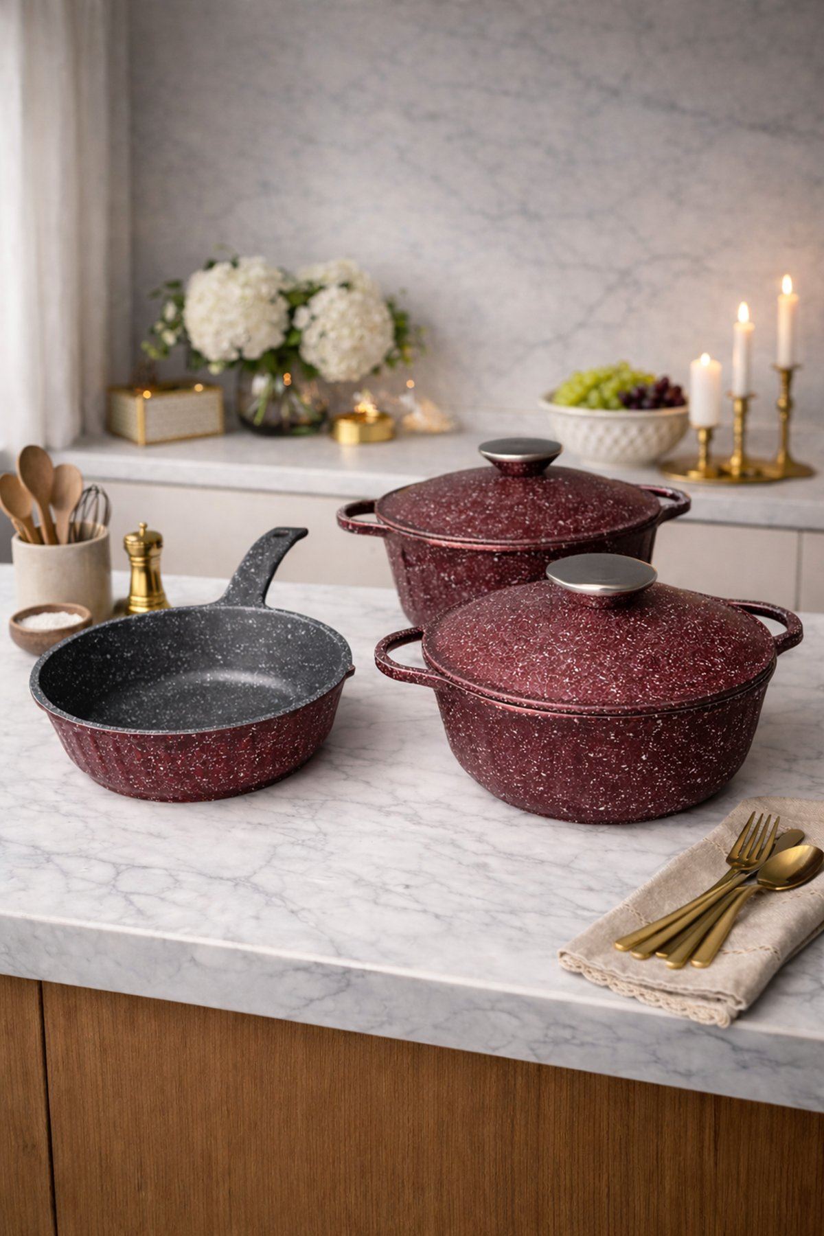 Roma Serisi 5 Parça Mini Döküm Tencere Seti Bordo