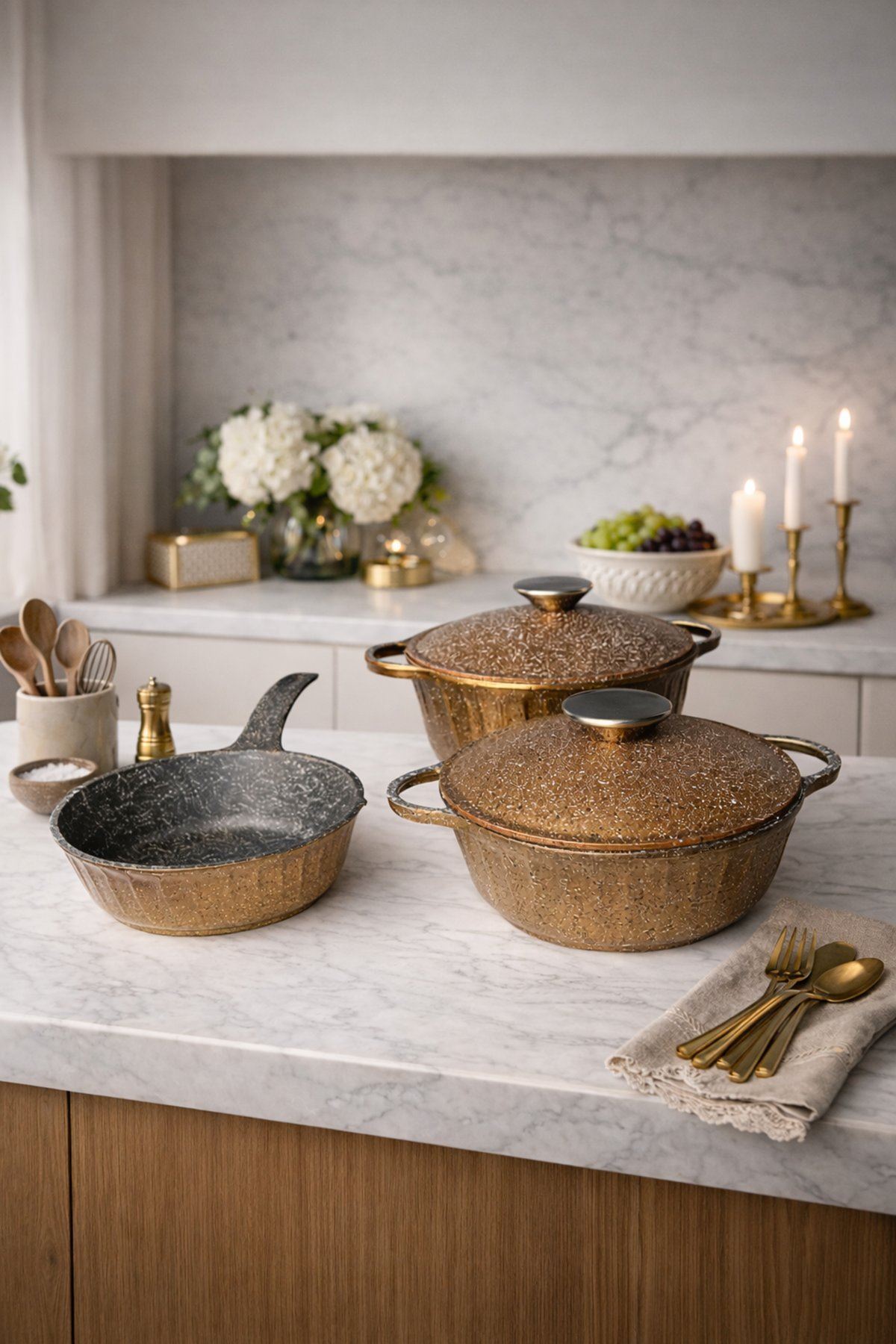 Roma Serisi 5 Parça Mini Döküm Tencere Seti Gold