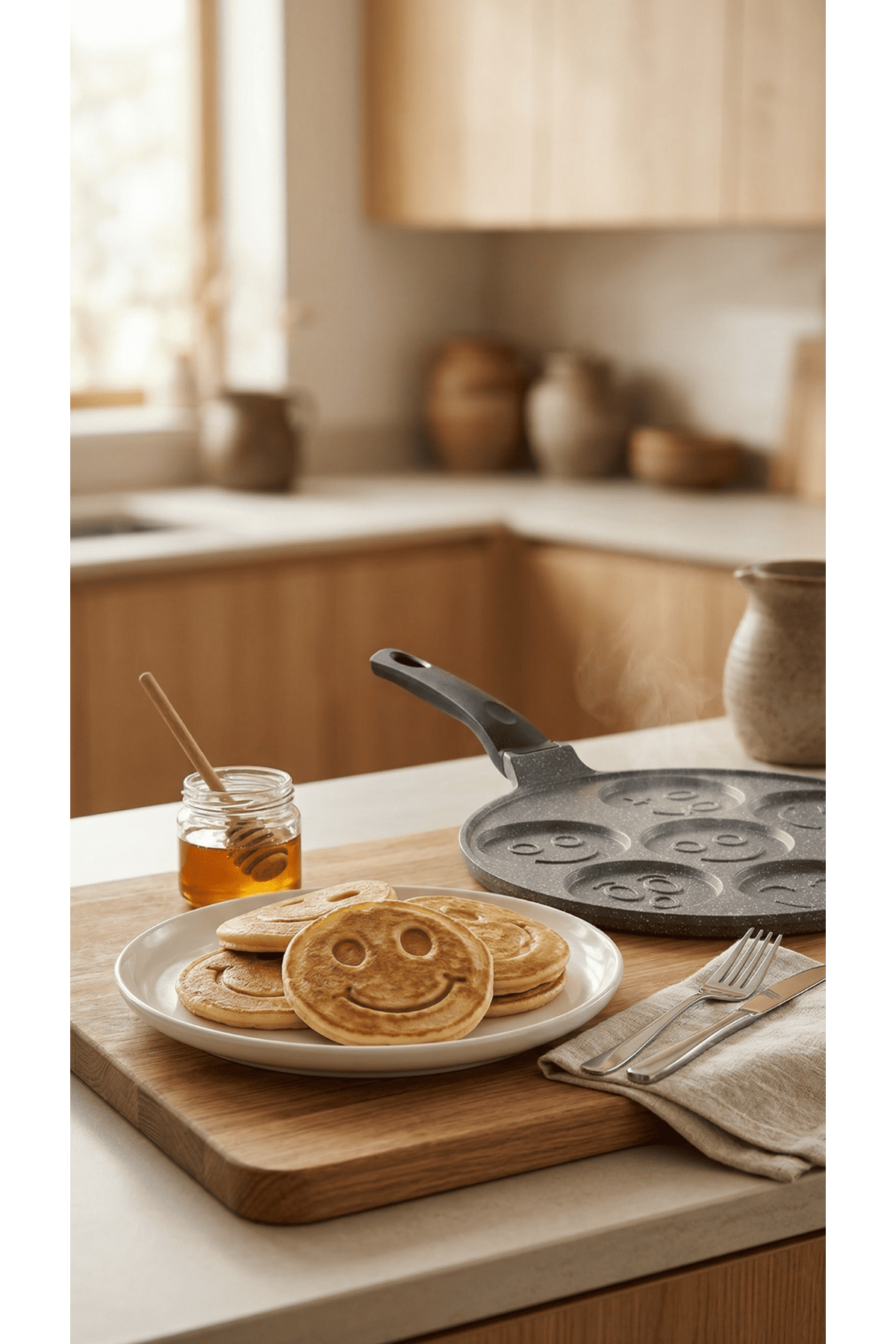 PanFace Emoji Pancake Tavası 27 cm | 7 Bölmeli Döküm Alüminyum Pankek & Kahvaltı Tavası Antrasit