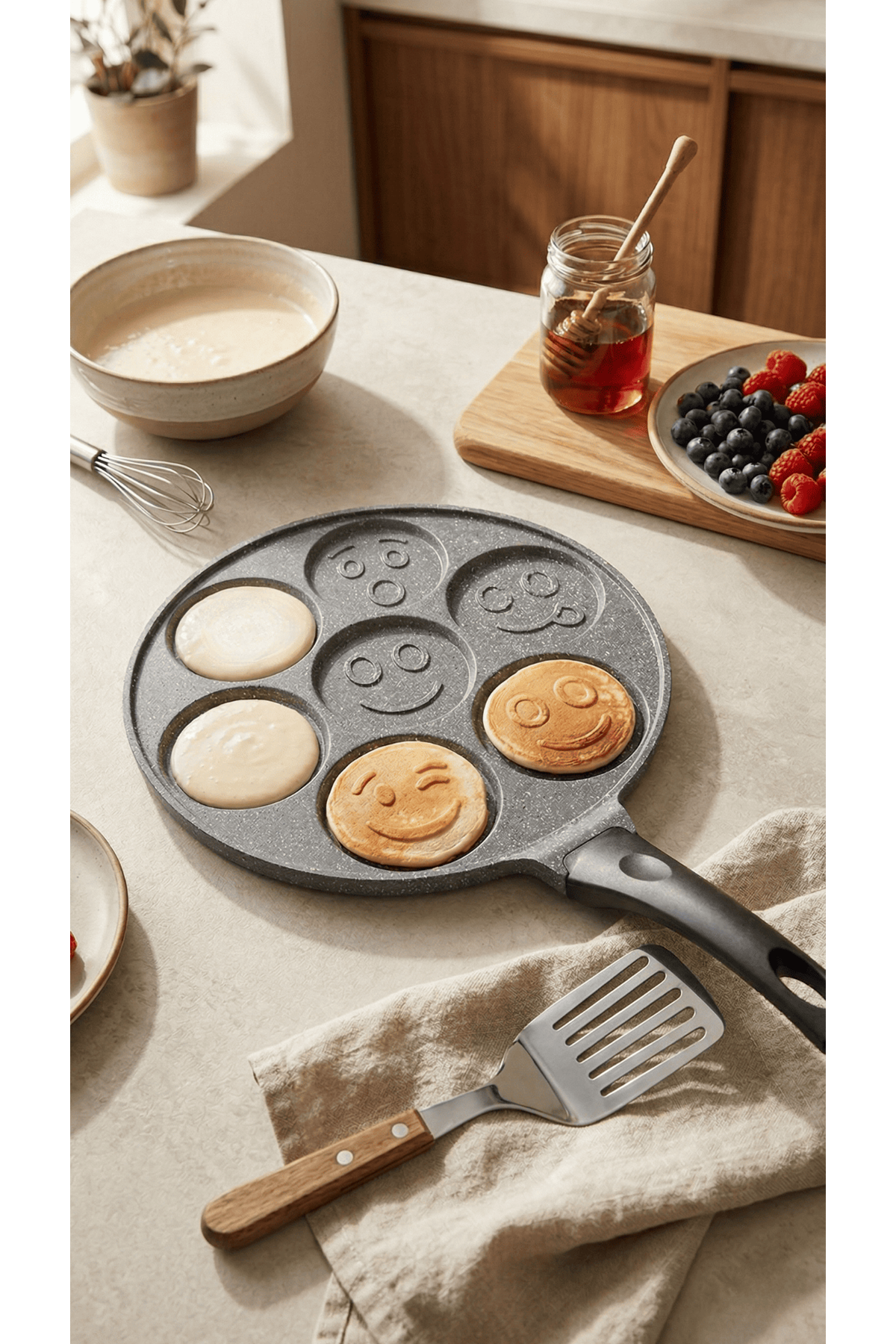 PanFace Emoji Pancake Tavası 27 cm | 7 Bölmeli Döküm Alüminyum Pankek & Kahvaltı Tavası Antrasit