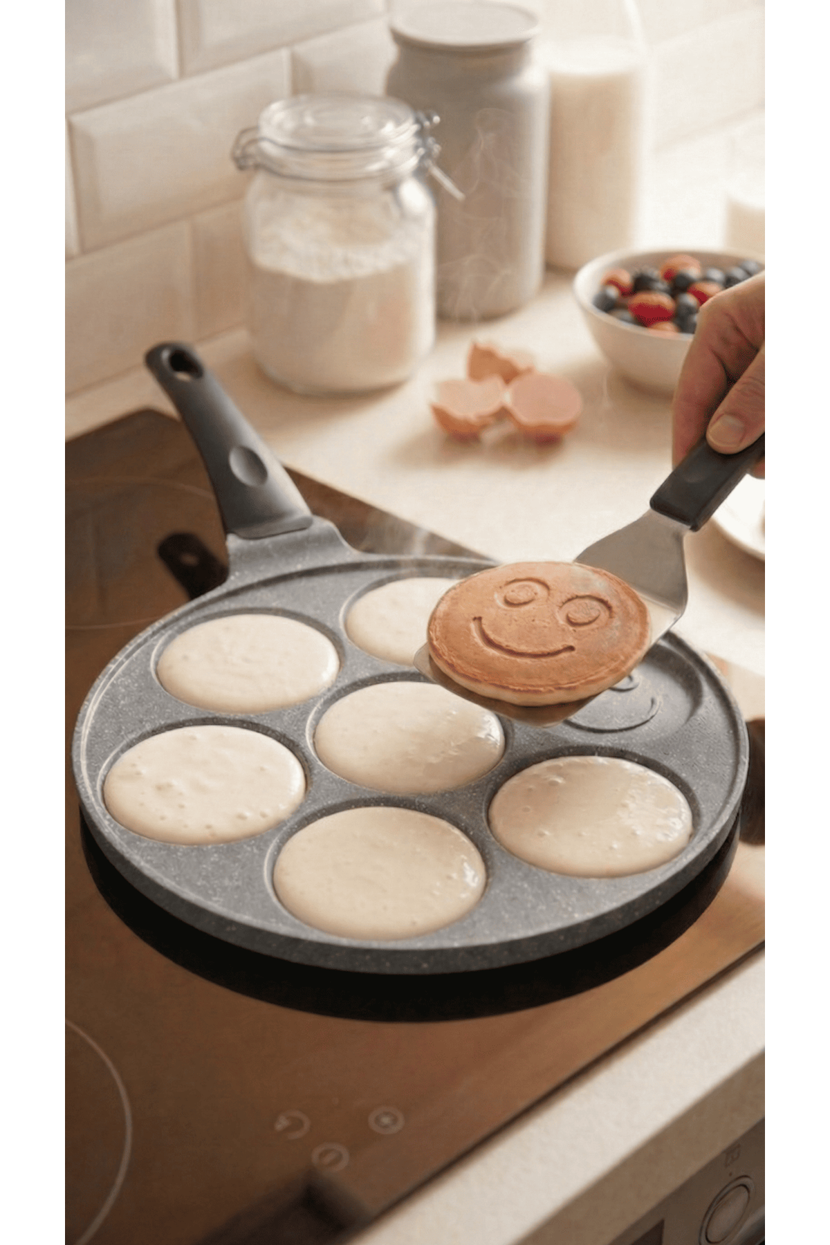 PanFace Emoji Pancake Tavası 27 cm | 7 Bölmeli Döküm Alüminyum Pankek & Kahvaltı Tavası Antrasit