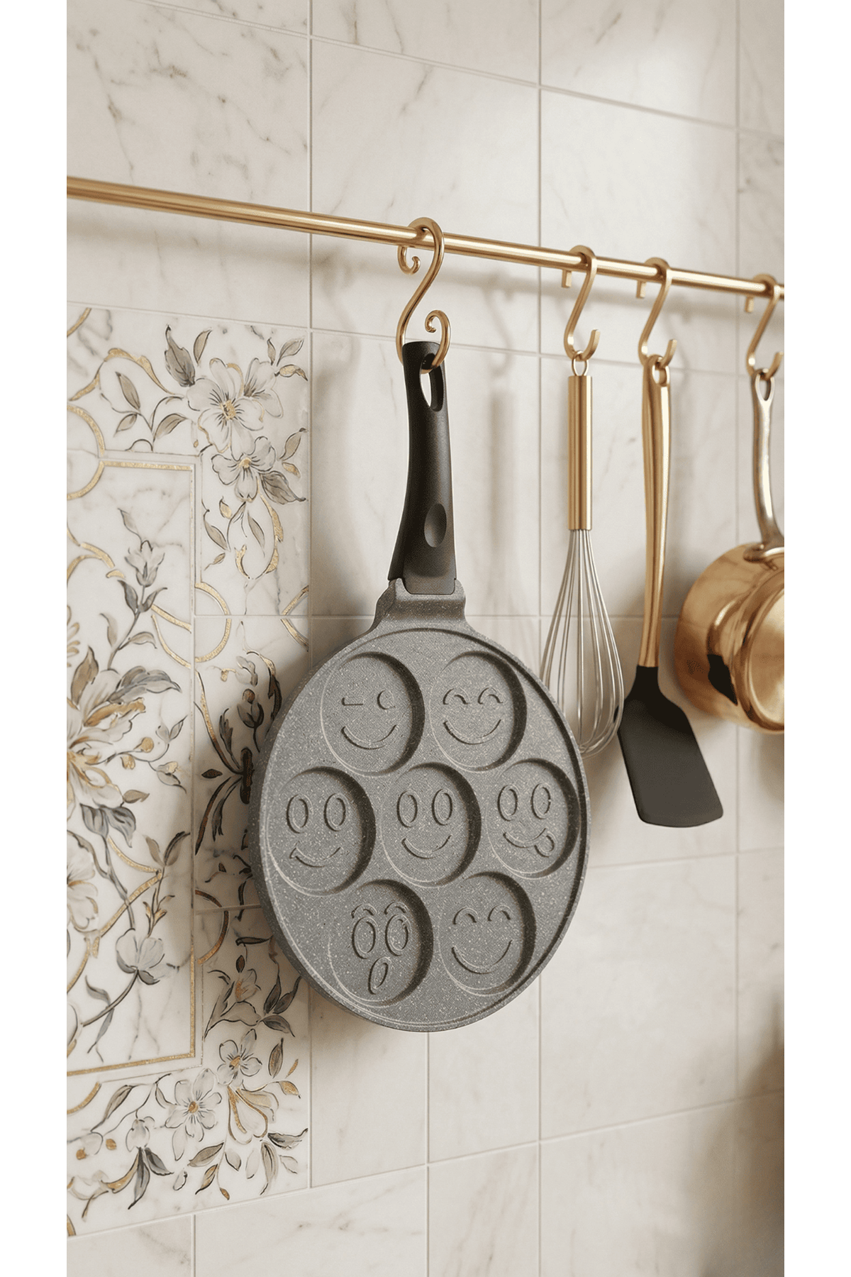 PanFace Emoji Pancake Tavası 27 cm | 7 Bölmeli Döküm Alüminyum Pankek & Kahvaltı Tavası Antrasit