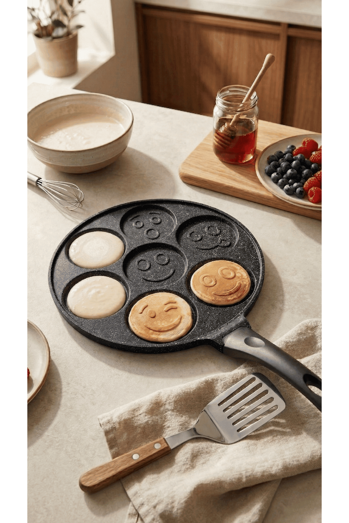 PanFace Emoji Pancake Tavası 27 cm | 7 Bölmeli Döküm Alüminyum Pankek & Kahvaltı Tavası Siyah
