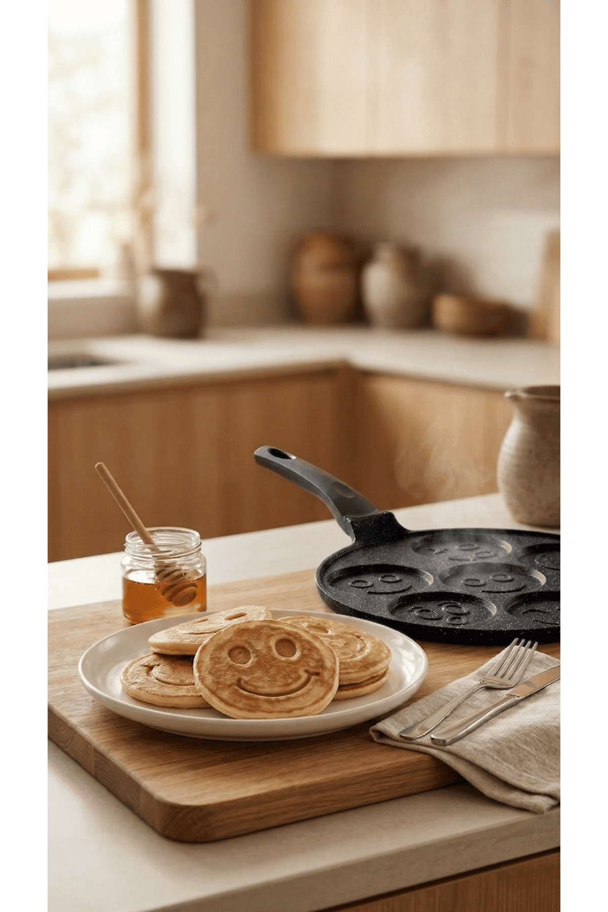 PanFace Emoji Pancake Tavası 27 cm | 7 Bölmeli Döküm Alüminyum Pankek & Kahvaltı Tavası Siyah