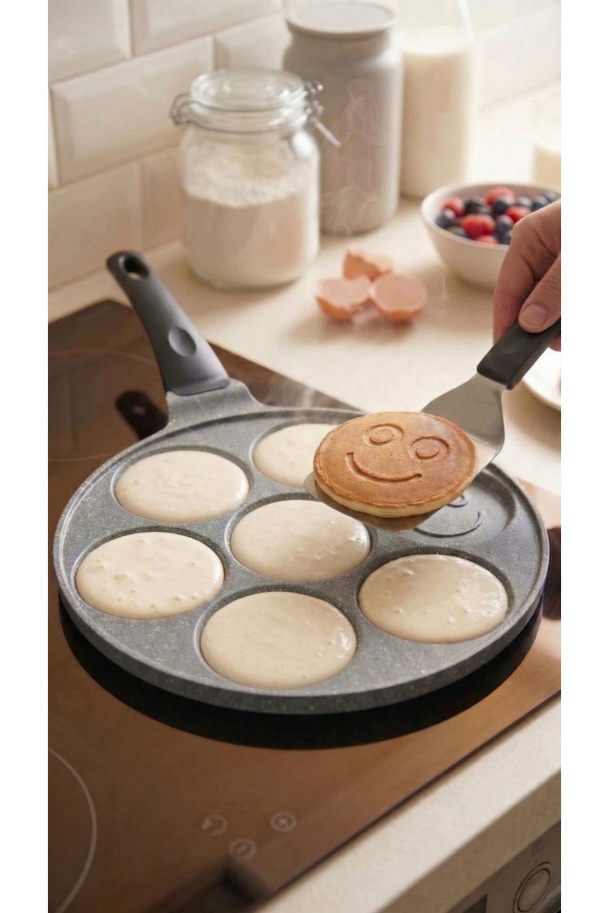 PanFace Emoji Pancake Tavası 27 cm | 7 Bölmeli Döküm Alüminyum Pankek & Kahvaltı Tavası Antrasit
