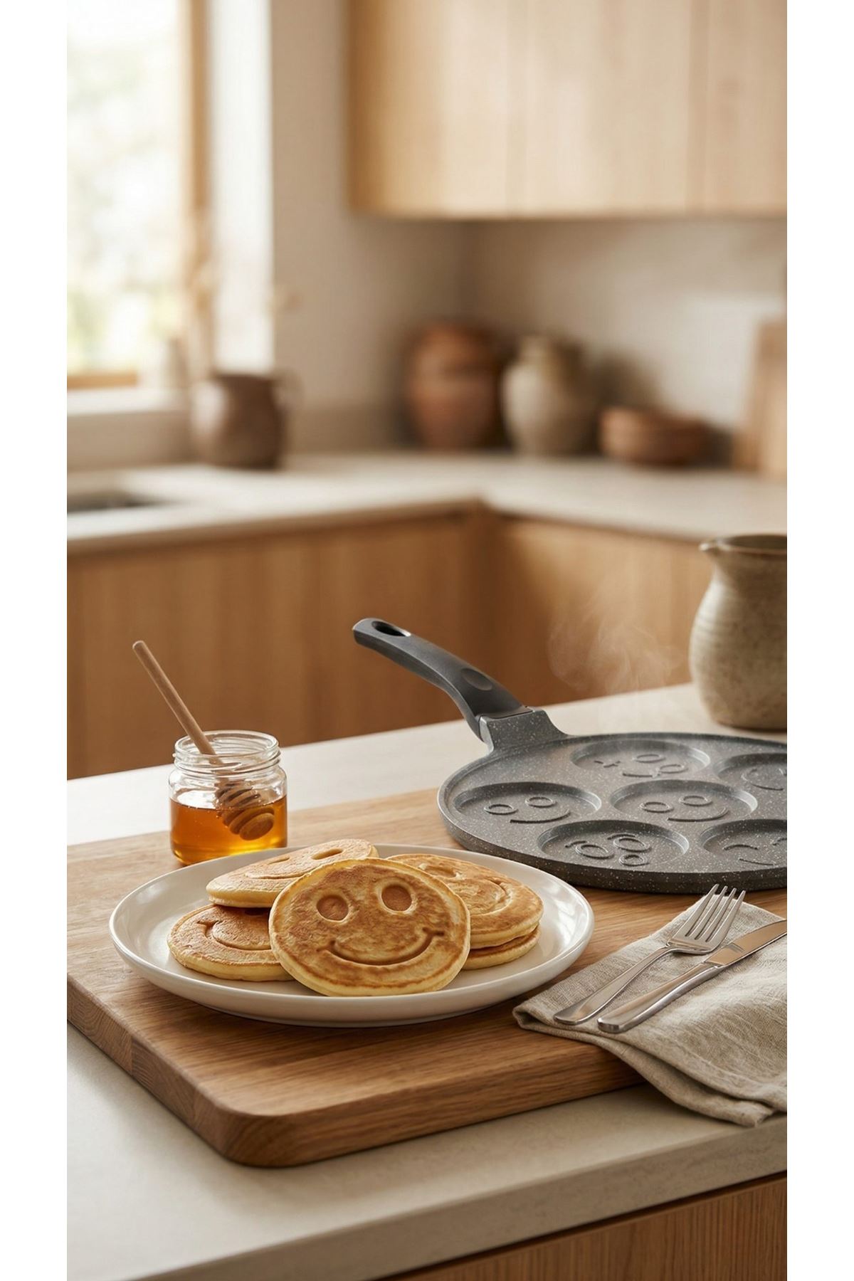 PanFace Emoji Pancake Tavası 27 cm | 7 Bölmeli Döküm Alüminyum Pankek & Kahvaltı Tavası Antrasit