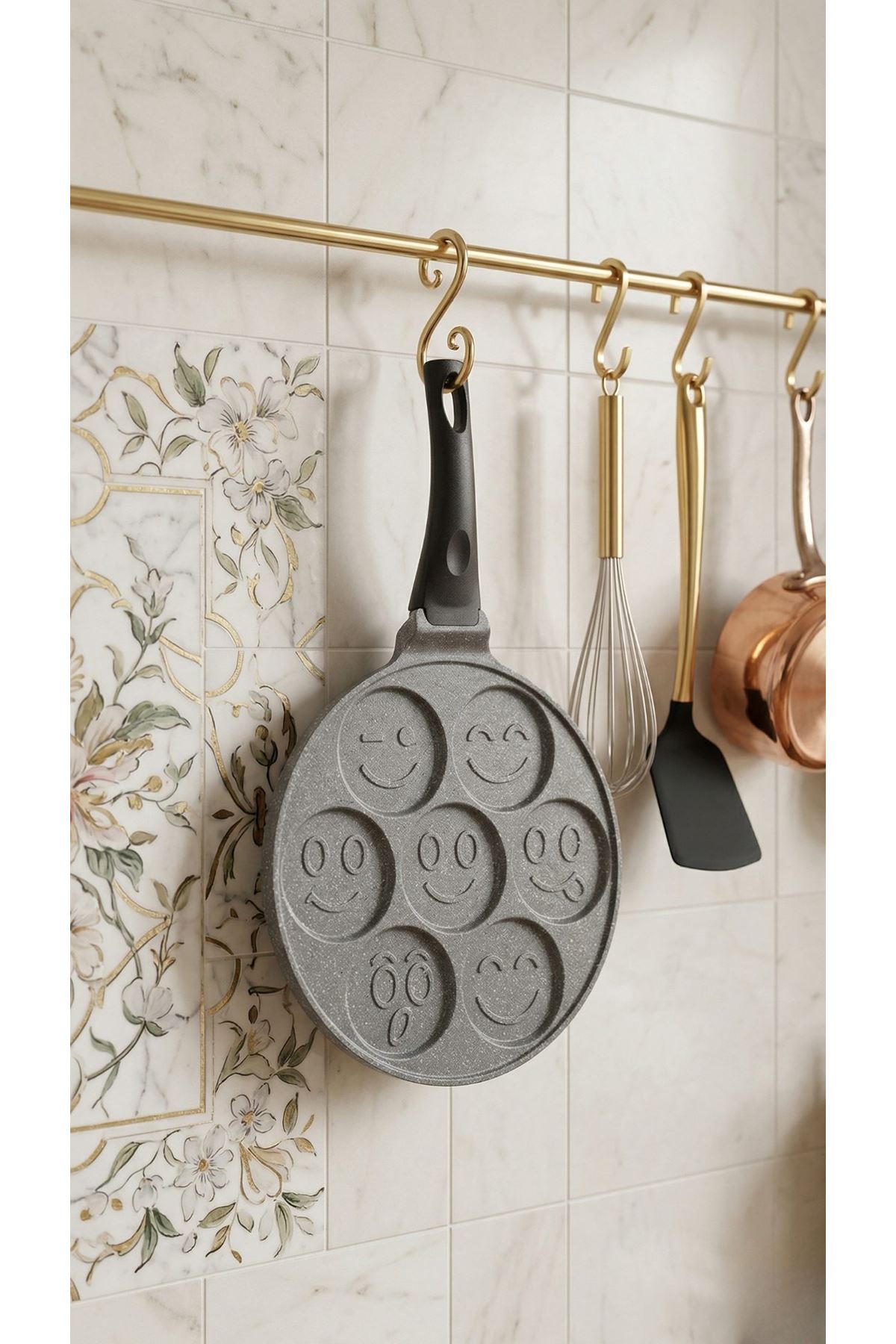 PanFace Emoji Pancake Tavası 27 cm | 7 Bölmeli Döküm Alüminyum Pankek & Kahvaltı Tavası Antrasit