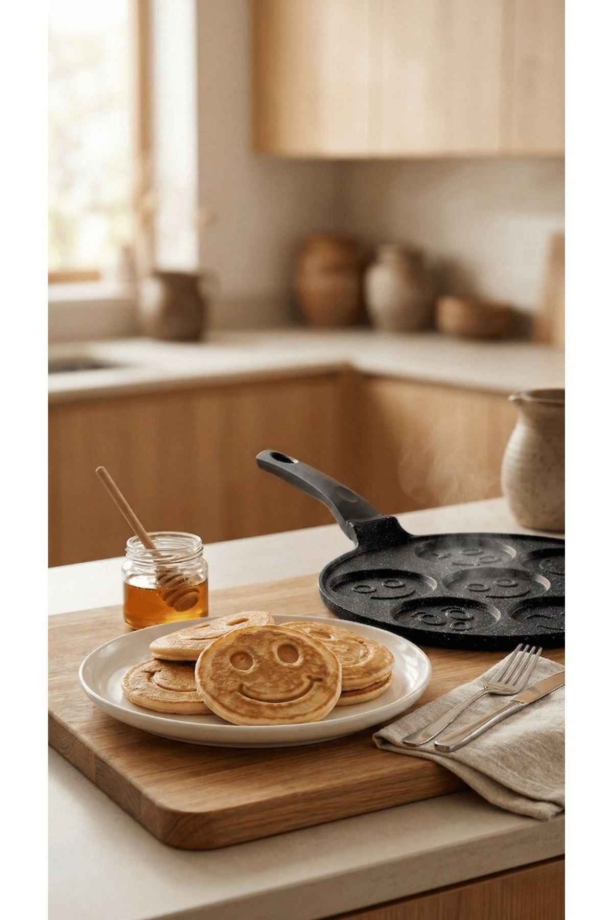 PanFace Emoji Pancake Tavası 27 cm | 7 Bölmeli Döküm Alüminyum Pankek & Kahvaltı Tavası Siyah