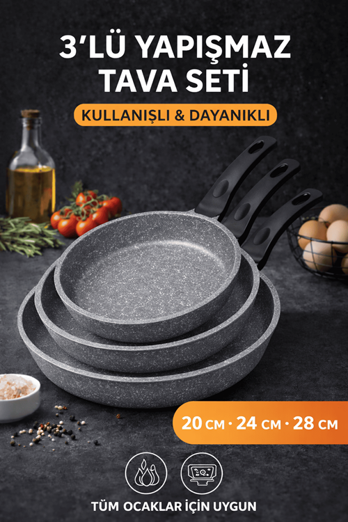 Riva Elite Serisi 3’lü Döküm Tava Seti – 20/24/28 cm Antrasit