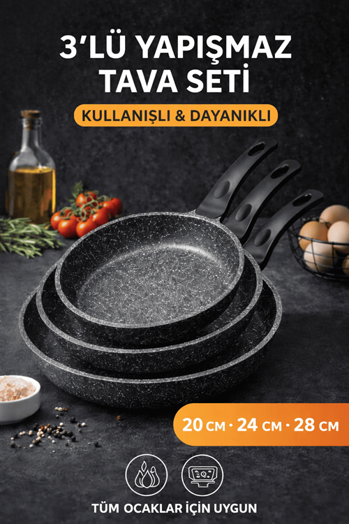 Riva Elite Serisi 3’lü Döküm Tava Seti – 20/24/28 cm Siyah