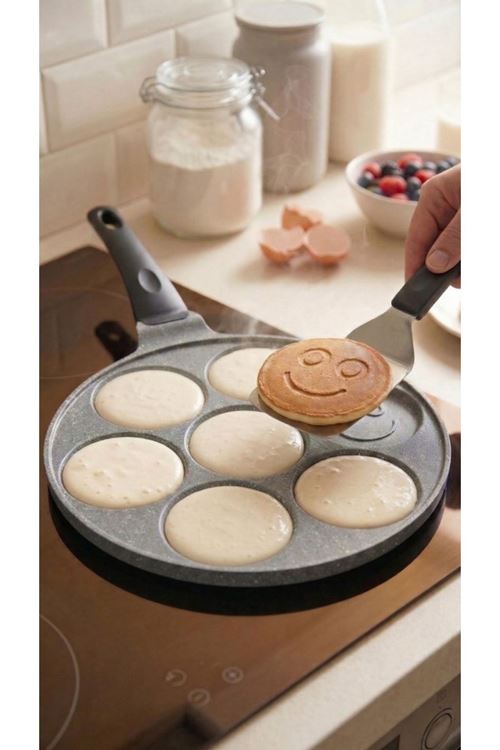 PanFace Emoji Pancake Tavası 27 cm | 7 Bölmeli Döküm Alüminyum Pankek & Kahvaltı Tavası Antrasit