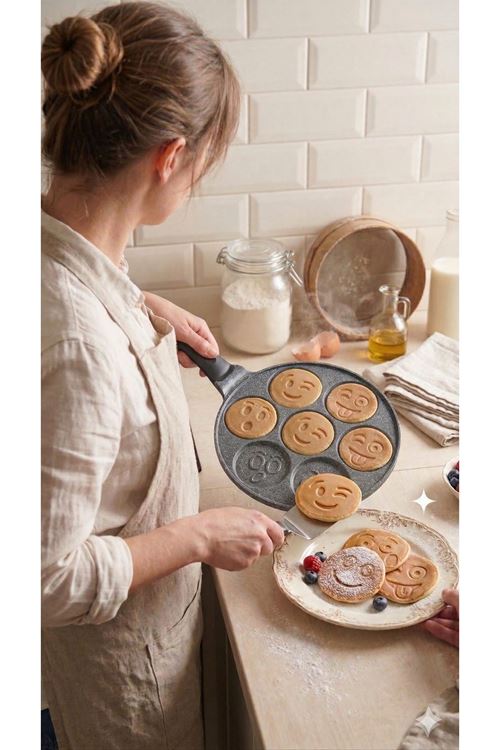 PanFace Emoji Pancake Tavası 27 cm | 7 Bölmeli Döküm Alüminyum Pankek & Kahvaltı Tavası Antrasit