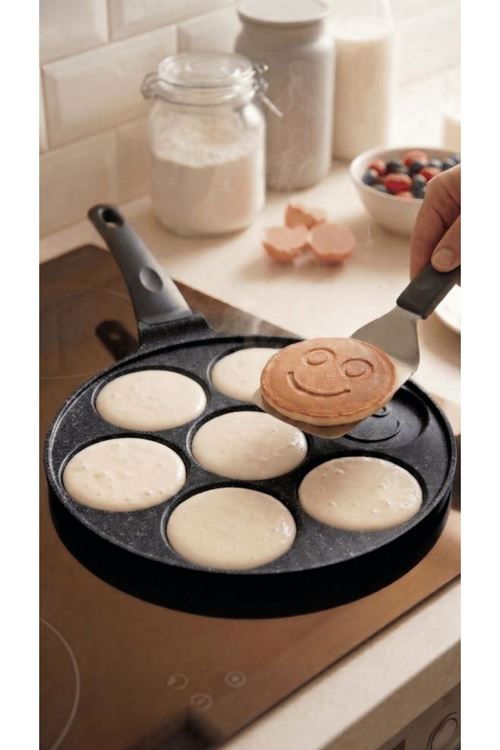 PanFace Emoji Pancake Tavası 27 cm | 7 Bölmeli Döküm Alüminyum Pankek & Kahvaltı Tavası Siyah