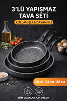 Riva Elite Serisi 3’lü Döküm Tava Seti – 20/24/28 cm Siyah
